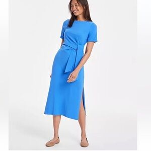 Elegant Blue Midi Dress with Waist Tie